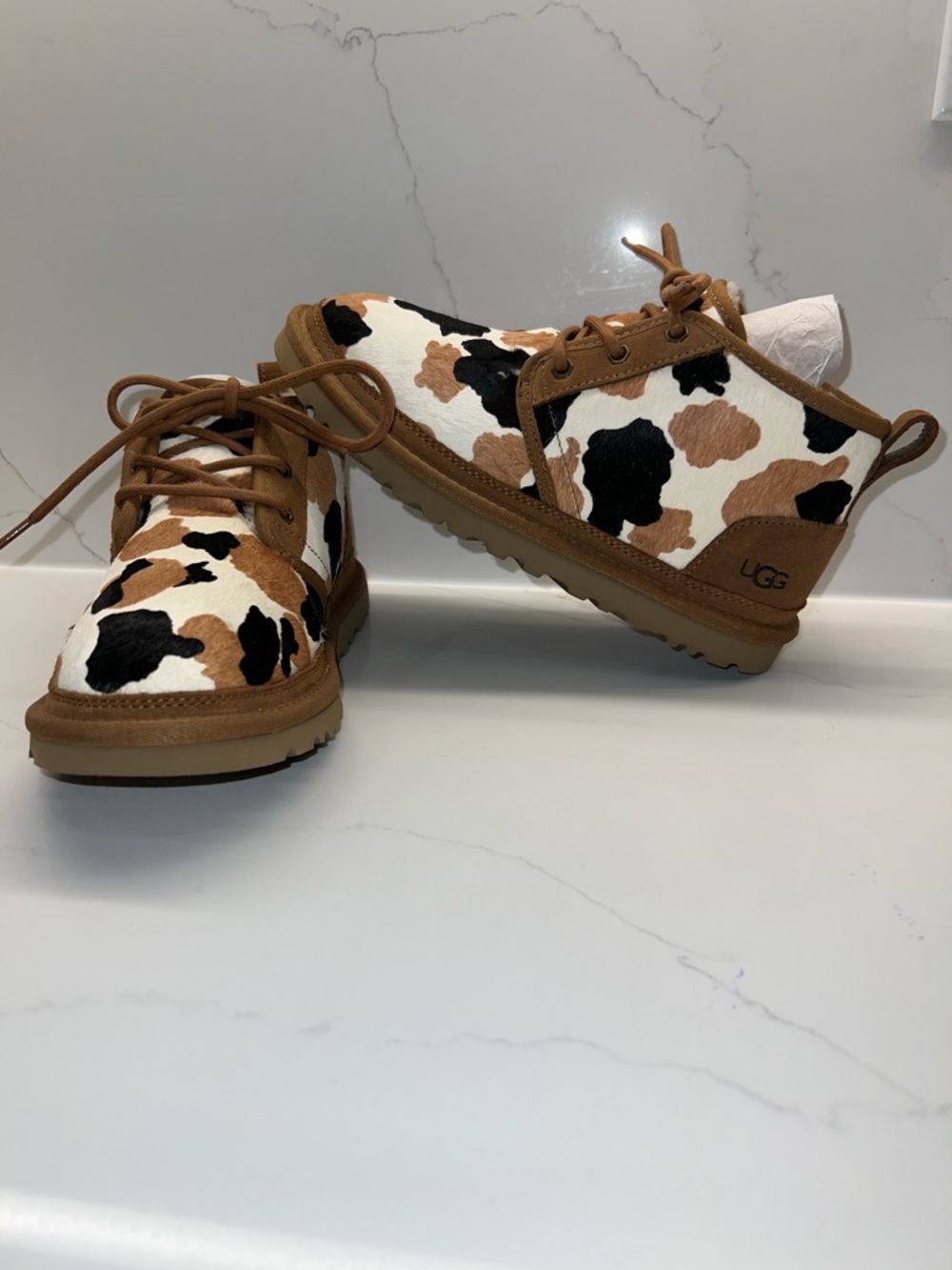 UGG Neumel Cow Print chukka boots lace up brown, black & white Womens Size 8